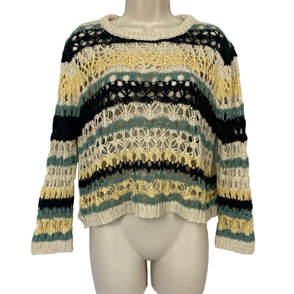 ASTR the Label Sweater Women Small Crochet Open Knit Stripe Crop Jaded Black Tan